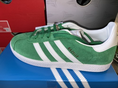 ADIDAS GAZELLE J UK TAGLIA 5 Euro 38 SPLENDIDA IN CAMOSCIO VERDE STRISCIA BIANCA ORIGINALE