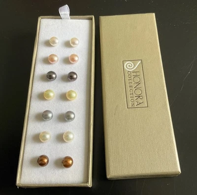 De Colección 7 Pares Pendientes Perlas Honora 6mm Multicolor Perforados Esterlina 925 Caja Original Foto 1 de 4