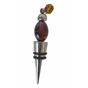 NWOT Wine Bottle Stopper Purple & Topaz Beads Silver Wine Bottle 4" Rubber Rings - Picture 1 of 2