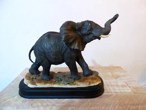 Elephant Figure with Tusks on Wood Mount - Picture 1 of 5