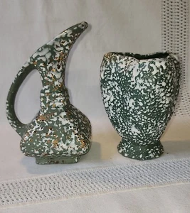 MCM Pottery Ewer & Vase SAVOY Green white 24kt Gold Splatter Cottage Granny Core - Picture 1 of 8