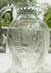 Glass Water jug Antique Etched Acorns Leaves Blown 15cm S&W Webb Stourbridge - Picture 1 of 12