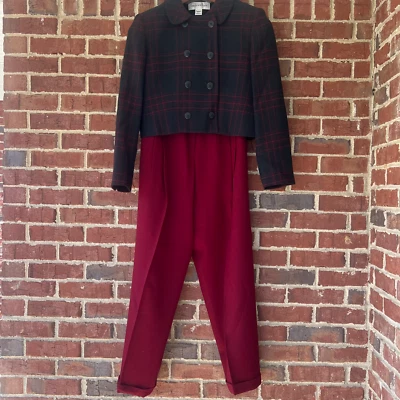Jones New York Maroon Black Plaid Pant Suit Wool Jacket 4 Pants 6 Academia READ - Image 1 of 4