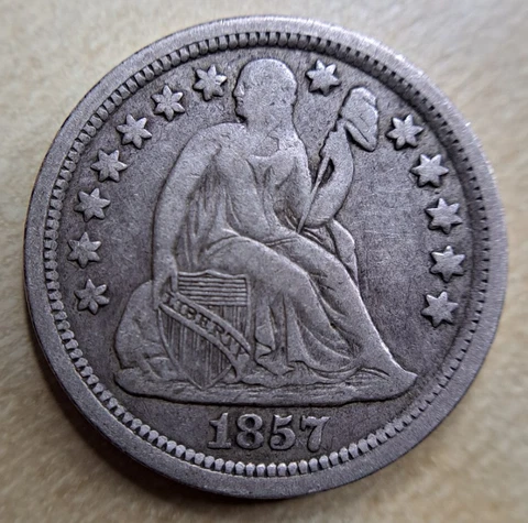 1857 Seated Liberty Dime Very Fine VF almost XF Extremely Fine Original Cover