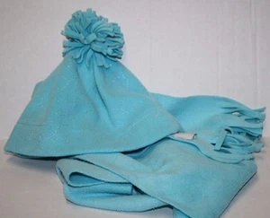Old Navy Girls L XL Winter Fleece Scarf Hat Cap Turquoise Blue Silver Sparkle - Picture 1 of 6