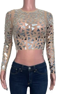 Windsor Nude Semi-sheer Mirror Crop Top Long Sleeve Party Tee Clubwear XS Nwts - Picture 1 of 2
