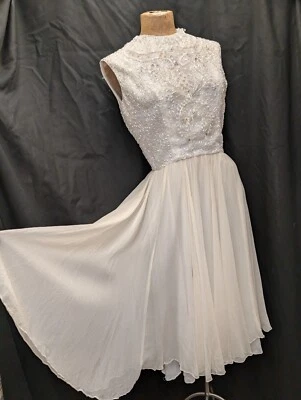 Vintage 1960s White Beaded Sequins Silk Chiffon Dress by Cavanagh's Size S - Image 1 of 4