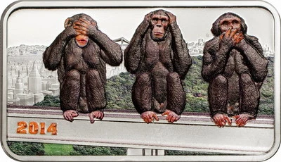 Tanzania 2014 Three Wise Monkeys 1500 Shillings 1oz Colour Silver Coin,Proof - Image 1 of 3