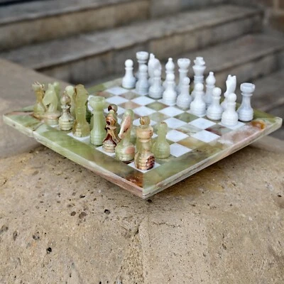 15 Inches Handmade Green Onyx & White Weighted Full Chess Game Set Board Game - Image 1 of 4