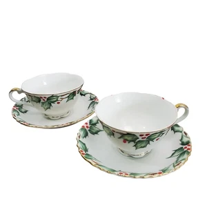 Vintage Lefton China Holly Garland Gold Trim Cup & Saucer Set X 2 Christmas 1802 - Picture 1 of 19