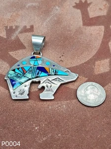 Pendant Native American Sterling Silver Bear Turquoise Opal Coral Lapis Onyx - Picture 1 of 3
