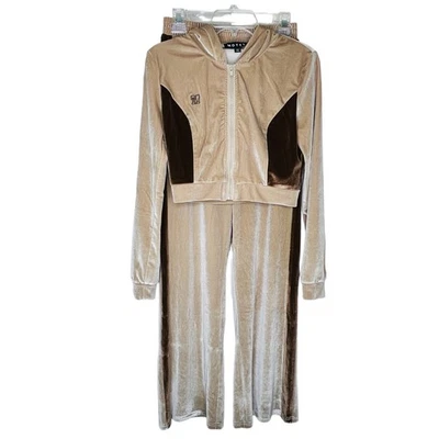 Motel Rocks Velour Set Small Crop Hoodie & Wide Leg Pants Tan Brown Tracksuit - image 1 of 4