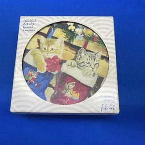 Cat Christmas Stone Coasters With Cork Bottom - Picture 1 of 9