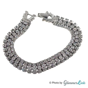 Vintage Triple Row Mid-Century Formal Silver Tone Statement Bracelet - Picture 1 of 10
