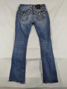 Miss Me Jeans Women's 25 Signature Boot Cut Flap Pockets Bling Distressed Blue - Picture 1 of 11