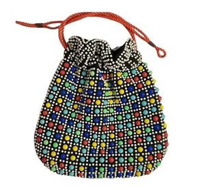 Vintage Beaded Pouch Drawstring Bag Small Purse Sack Colorful Candy Button - Picture 1 of 7