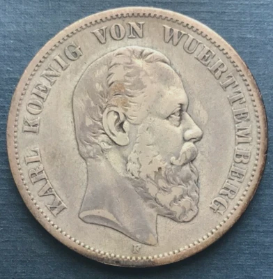 🇩🇪  GERMAN ESTATES 1876 F  5 Mark - Charles I * FÜNF MARK *  🇩🇪 - Image 1 of 4