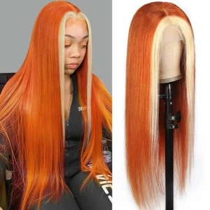 Highlight Orange Synthetic Lace Front Wigs Straight Hair Glueless 13x4 Free Part - Picture 1 of 5