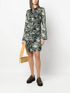 $398 GANNI Paisley-print Button-up Crinkled Satin Fitted Mini Shirt Dress 38 - Picture 1 of 10