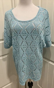 NwT Leo & Nicole Blue Short Sleeve Sweater Top Knit Crochet Lace Boho SZ XXL - Picture 1 of 13