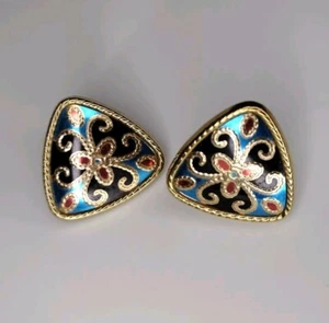 Vintage Ohrringe 80er Jahre blau Emaille & goldfarben Metall - Bild 1 von 7