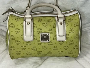 MCM Satchel Handbag Boston Speedy Tote Visetos Bag Purse Medium Mcm White Green - Picture 1 of 12