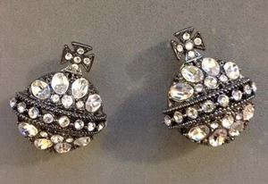 Vintage JOAN RIVERS Globe with Cross Pave Rhinestone Black Clip On Earrings NIB - Picture 1 of 7