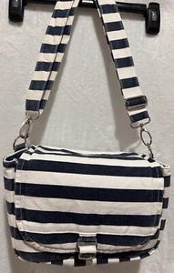 Navy Striped White Canvas Messenger Hand Bag Purse Pull Away Divider Crossbody - Picture 1 of 22