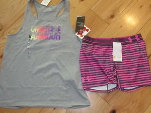Under Armour graues Wortmarke Tanktop & gemusterte Shorts neu mit Etikett Mädchen XL YXL - Bild 1 von 1