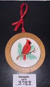 Red Cardinal Bird Christmas Wooden Round Ornament Ceramic Painted Red Ribbon - Picture 1 of 10