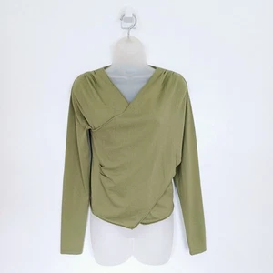 Top in velluto come nuovo taglia S verde kaki maglia a costine asimmetrica manica lunga scollo a V - Foto 1 di 14