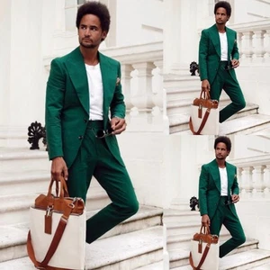 Trajes de hombre con solapa de pico ancho verde 2 piezas esmoquin de boda informal chaqueta de novio - Imagen 1 de 15