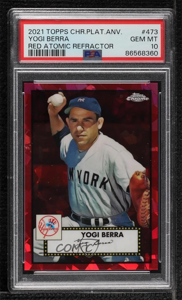 2021 Chrome Platinum Anniversary Red Atomic Refractor Yogi Berra PSA 10 GEM MT - Image 1 of 2