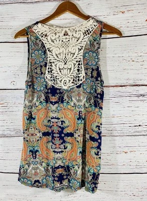 Dress Barn Tank Top Womens Petite XL Blue Orange Paisley Crochet Back Festival - Image 1 of 4