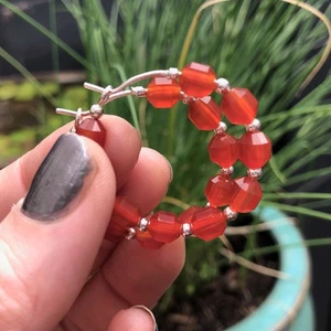Carnelian Beaded Hoop Earrings. Sterling Silver. Orange Gemstone Hoops. Boho - Picture 1 of 18