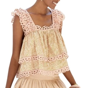 Anthropologie x Let Me Be Kiera Printed Eyelet Top Neutral Motiv Size XL Ruffles - Bild 1 von 9