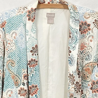 CHICOS Paisley Cardigan Blazer Open Front Long Sleeve Womens 4 XL White Teal - Image 1 of 4