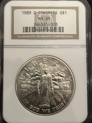 1989-D Congress Bicentennial Silver Dollar Modern Commemorative $1 MS 69 NGC - Image 1 of 3