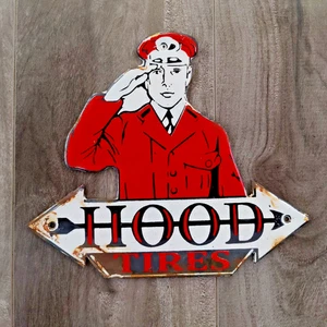 VINTAGE HOOD TIRES UNIFORM MAN SALUTING PORCELAIN ENAMEL METAL SIGN SIZE "7 x 6" - Picture 1 of 6