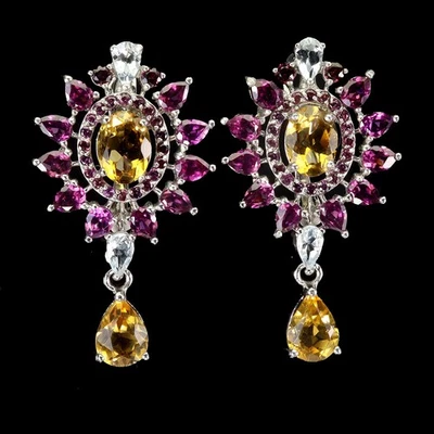 925 Sterling Silver Earrings Oval Citrine 8x6mm Aquamarine Rhodolite Gemstone - Image 1 of 4