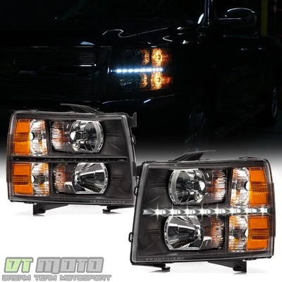 Black 2007-2013 Chevy Silverado 1500 2500HD 3500HD LED DRL Headlights Left+Right - Image 1 of 4