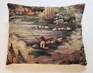 De colección PESCA CON MOSCA Tapiz Almohada Cabaña Osos Águila Barco Peces Campamento Cabaña 13x16 - Imagen 1 de 12