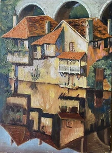 Pintura al óleo vibrante paisaje fluvial de los siglos XIX/XX con reflejos de agua - Imagen 1 de 12
