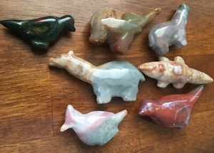 Vintage Carved SMOOTH Hardstone Quartz Set of 7 Elephant Birds Hippo Alligator - Picture 1 of 23