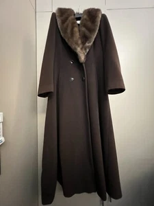 HARRODS WOOL CASHMERE Long Coat Ladies Size 38 EU/ UK 12 with fur collar - Picture 1 of 11