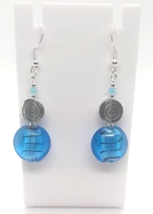 TURQUOISE BLUE SPIRAL LAMPWORK GLASS EARRINGS 925 5CM DROP E158 - Picture 1 of 3