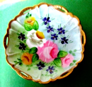 Bowl Porcelain Hand painted rose pansie floral Gold Rim 6" Signed - Picture 1 of 5