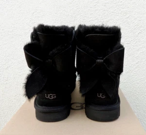 UGG BLACK CLASSIC HERITAGE FLUFF BOW SUEDE SHEEPSKIN BOOTS, US 9/ EUR 40 ~NEW - Picture 1 of 5