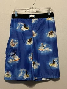 OP Ocean Pacific Shorts Boy's XL 14-16 Surfing Dogs Swim Trunks Blue Drawstring! - Picture 1 of 11