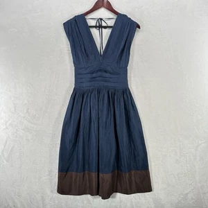 Vintage BCBG Maxazria Dress Women 6 Blue Silk Midi Pleated Y2K Tie Back Bow - Picture 1 of 12